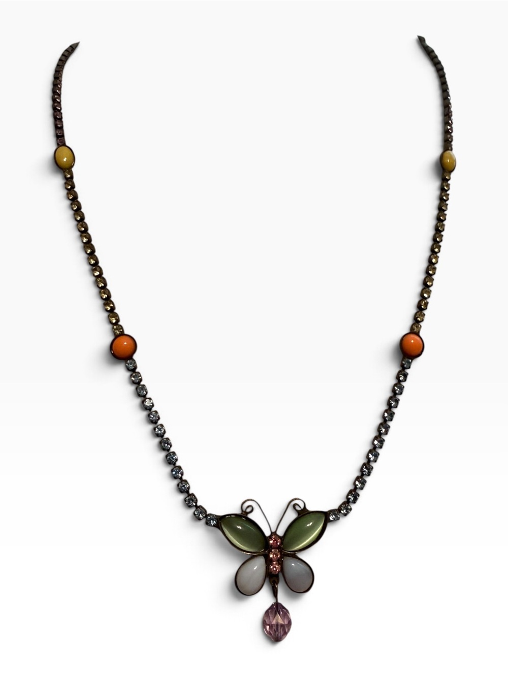 Sorrelli Vintage Butterfly necklace multicolor crystal antique brass signed